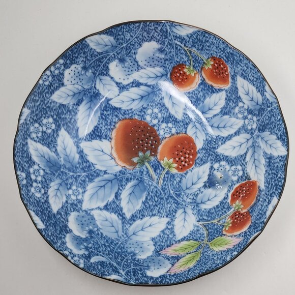Vintage Andrea by Sadek Bowl Blue Floral Leaf & Strawberry Design - Made in Japa - Picture 3 of 8